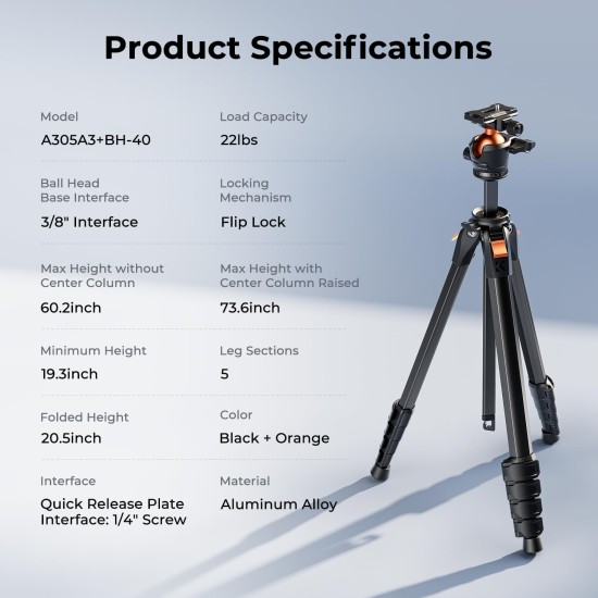 K&F Concept 73" Compact Camera Tripod(A305A3+BH-40)